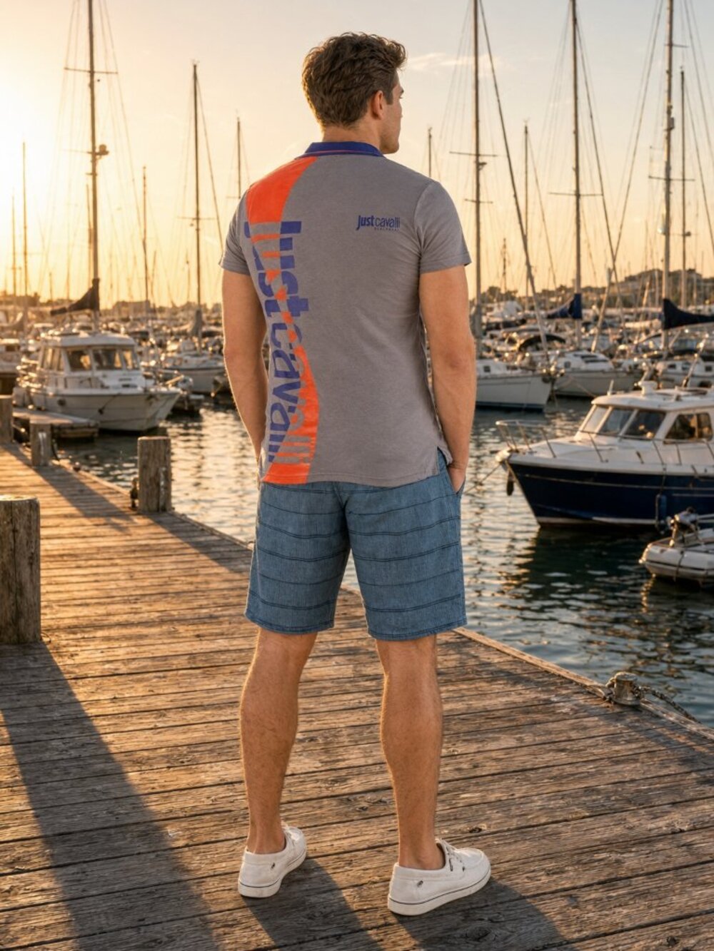 Just Cavalli Men Heather Gray Orange Logo Print Cotton Beach Polo Slim Tee US XS